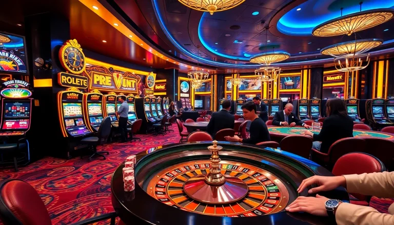 Exciting casino scene featuring slot machines and roulette at luck8 com, capturing the thrill of gambling.