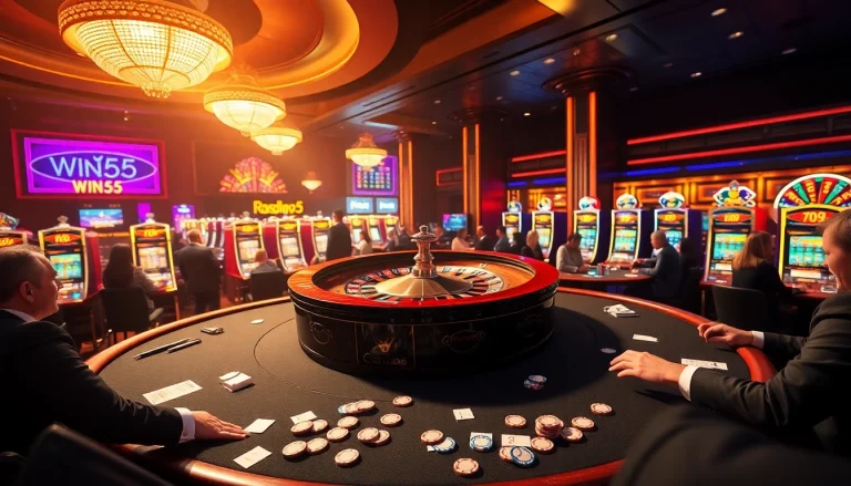 An elegant casino atmosphere with players engaging in high-stakes games, reflecting the excitement of Win55 gambling.