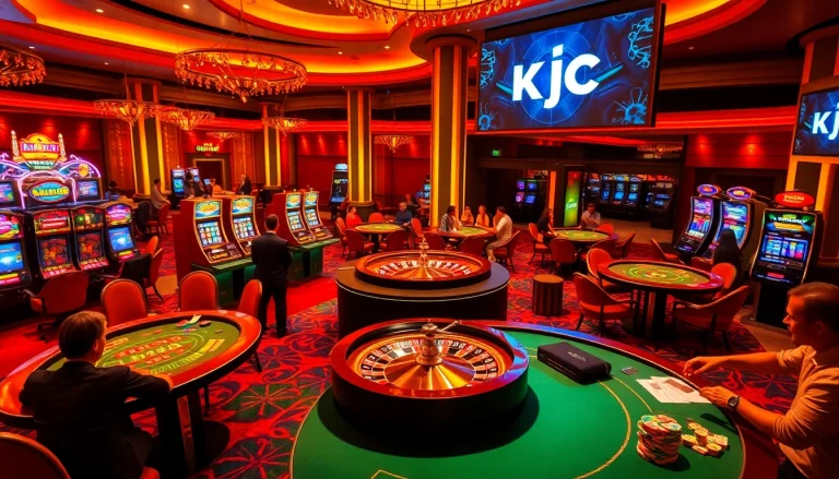 Players enjoying high-stakes gaming at KJC's luxurious casino, featuring poker tables and colorful slot machines.