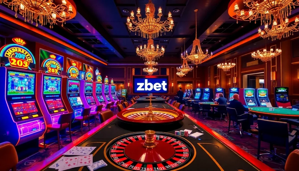 Experience zbet with a vibrant casino scene featuring slot machines and poker tables.