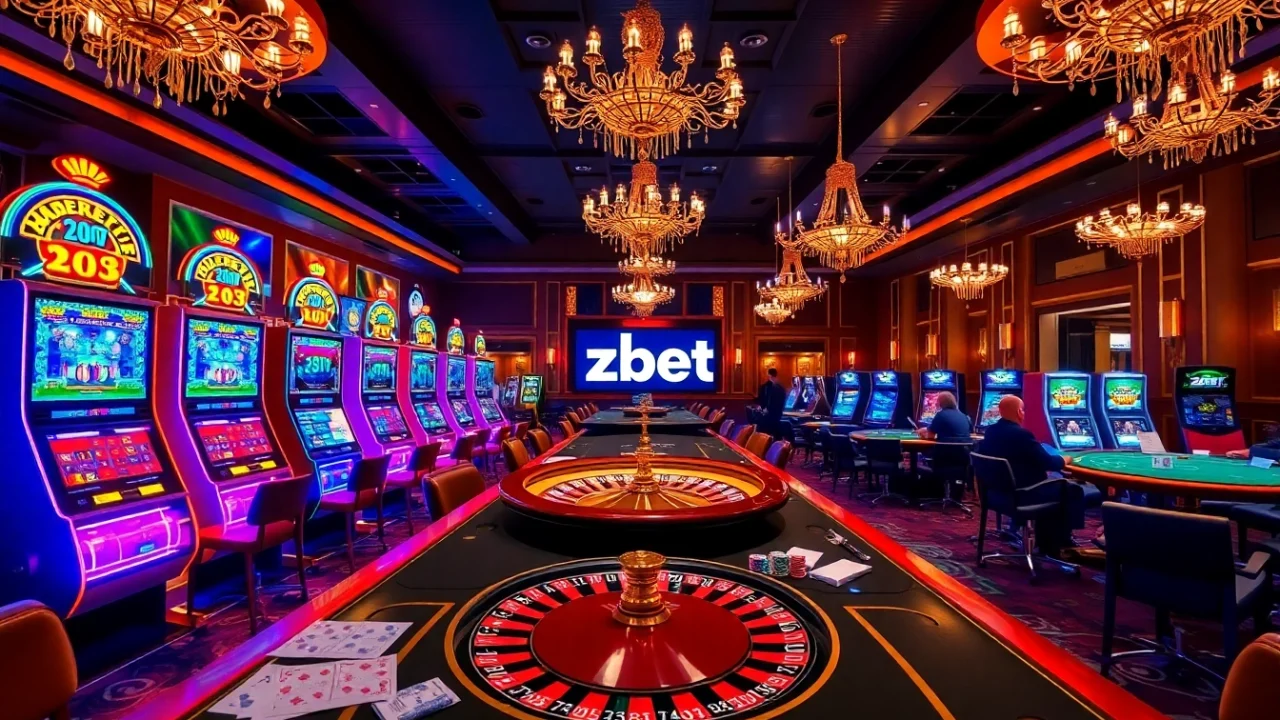 Experience zbet with a vibrant casino scene featuring slot machines and poker tables.