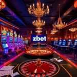 Experience zbet with a vibrant casino scene featuring slot machines and poker tables.