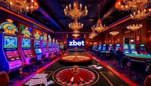 Experience zbet with a vibrant casino scene featuring slot machines and poker tables.