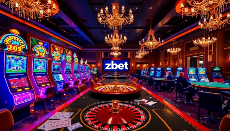 Experience zbet with a vibrant casino scene featuring slot machines and poker tables.