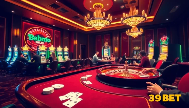 Gamblers enjoying table games and slot machines at the luxurious 39BET casino.