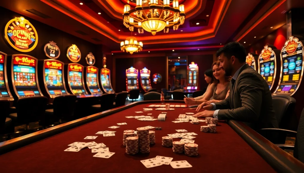 Experience excitement at the fun79 casino with vibrant tables, poker chips, and illuminated slot machines.