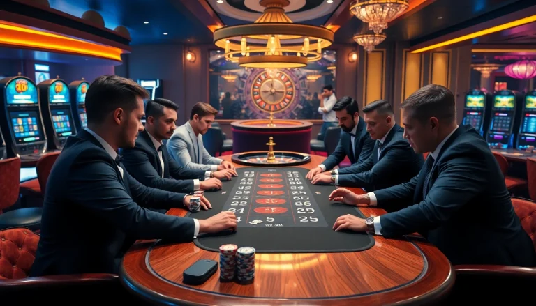 Exciting gambling action at nhà cái gg88 with poker players and vibrant casino decor.