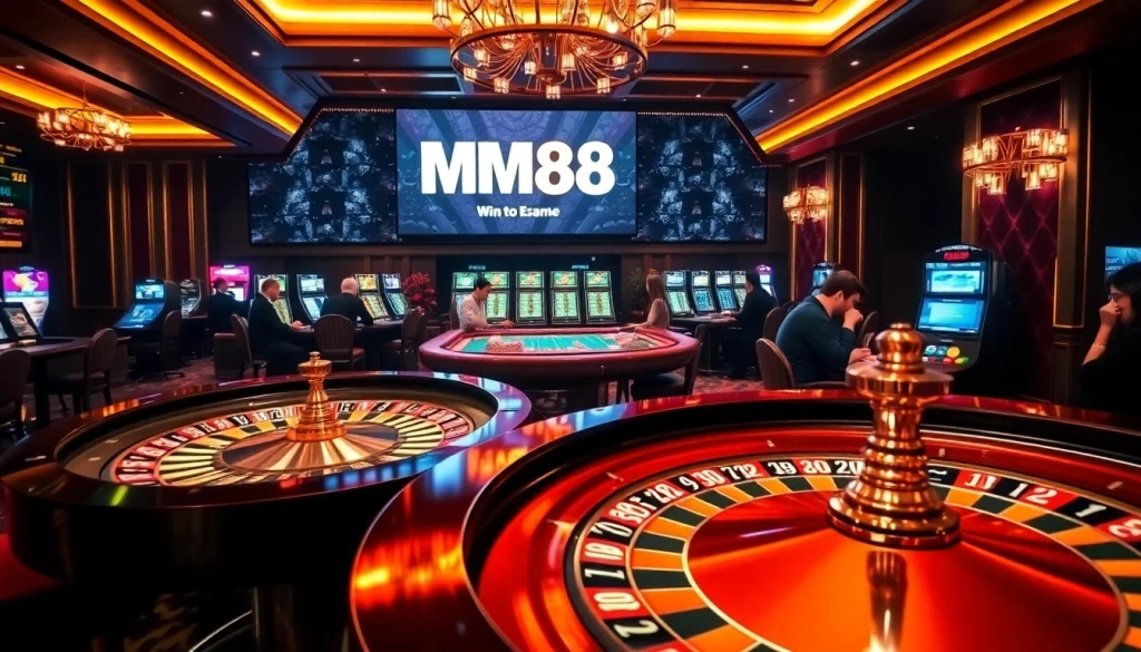 Play exciting games at MM88 casino with an engaging poker table and roulette wheel loaded with chips.
