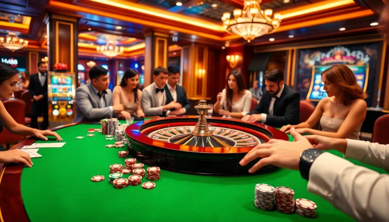 Experience the thrill of gambling with hm88 at an elegant casino featuring roulette and poker tables.