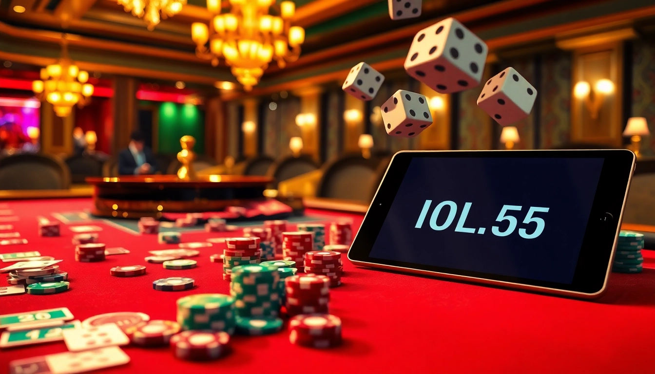 Engage with the thrilling atmosphere of link tài xỉu md5 at a luxurious casino table with vibrant chips and cards.