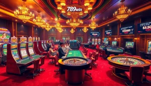 Players enjoying exciting games at 789win, featuring vibrant slot machines and thrilling poker action.