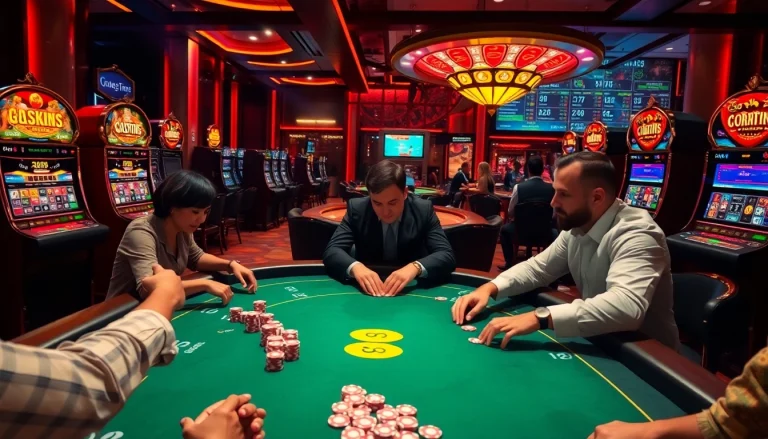 Experience the thrilling world of 8kbet with an upscale casino atmosphere, featuring excited players and vibrant slot machines.