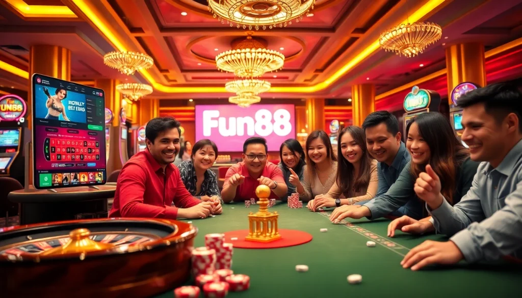 Experience the excitement of Fun88 with vibrant casino elements and engaging gamblers.