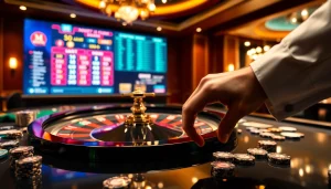 Experience excitement at https://fly88r.net with roulette, chips, and cards in a luxurious casino scene.