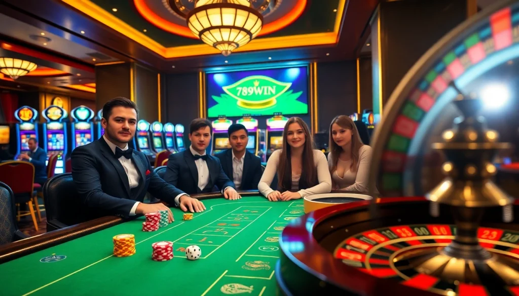 Players enjoying a vibrant gaming atmosphere at 789win casino with poker chips and roulette.