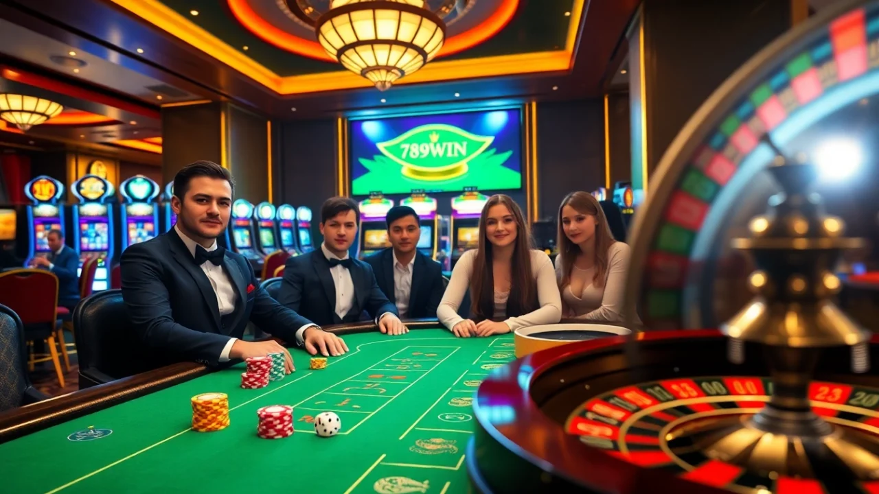 Players enjoying a vibrant gaming atmosphere at 789win casino with poker chips and roulette.
