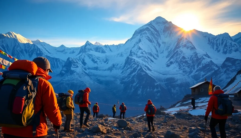 Mount Everest Base Camp Trek with trekkers and stunning mountain views at sunrise.