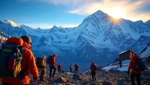 Mount Everest Base Camp Trek with trekkers and stunning mountain views at sunrise.