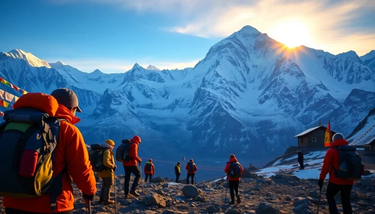 Mount Everest Base Camp Trek with trekkers and stunning mountain views at sunrise.