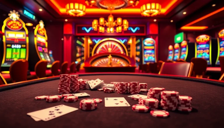 Experience the thrill of Trang chủ 789F in a luxurious casino setting featuring poker chips and roulette.