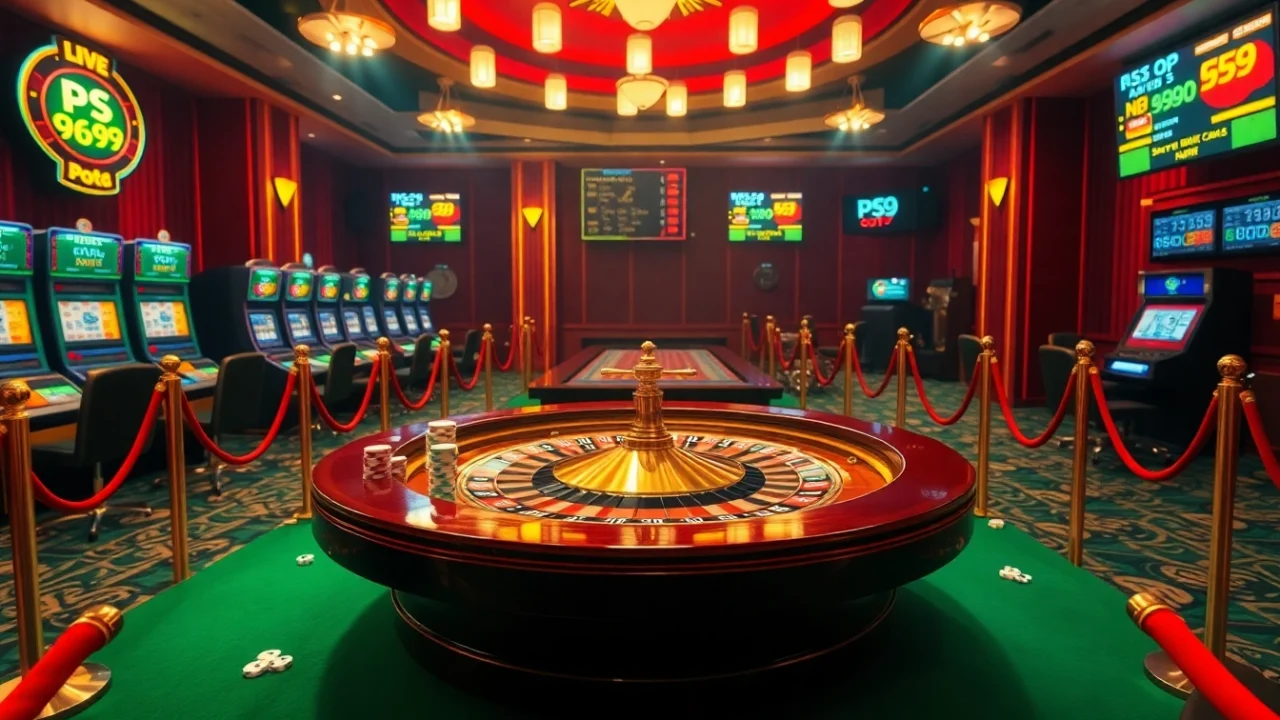 Engaging PS 99 roulette table surrounded by action-packed casino elements.