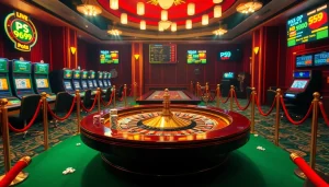 Engaging PS 99 roulette table surrounded by action-packed casino elements.