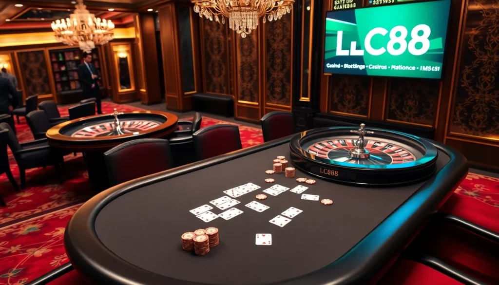 Engage with the thrilling atmosphere of LC88's online casino featuring high-stakes poker and elegant gaming tables.