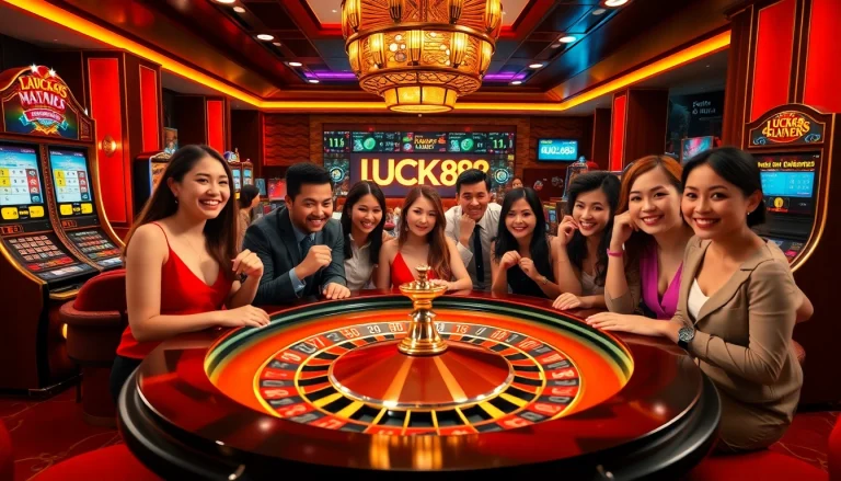 Experience the thrill of LUCK888 with vibrant casino scenes and engaging players.