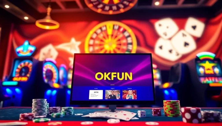 Login to OKFUN đăng nhập with a sleek online gambling interface, surrounded by casino elements.