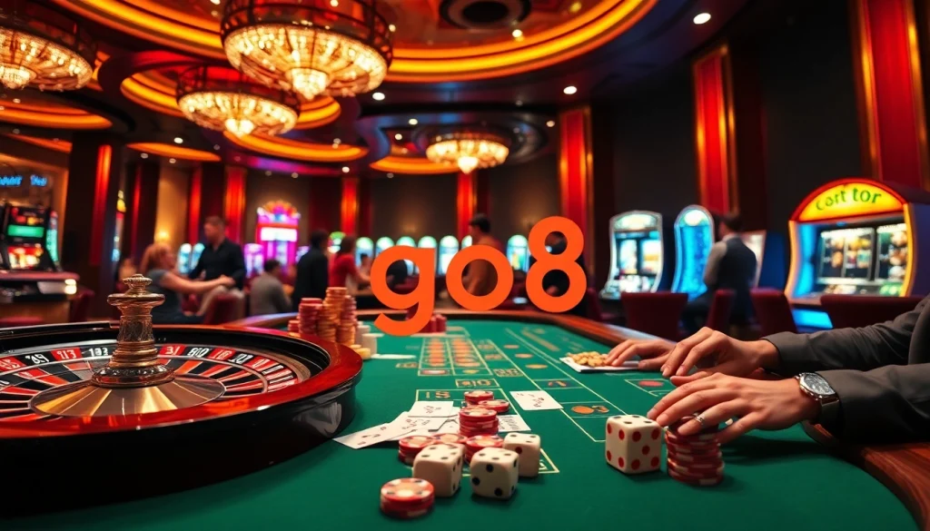 Exciting casino action at a roulette wheel featuring go8-themed poker chips and luxurious ambiance.