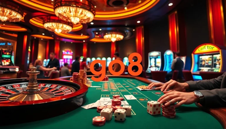 Exciting casino action at a roulette wheel featuring go8-themed poker chips and luxurious ambiance.
