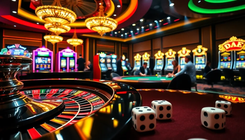 Experience the thrill of gambling with link okfun at a luxurious casino, featuring roulette tables and slot machines.