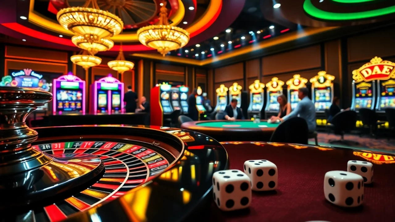 Experience the thrill of gambling with link okfun at a luxurious casino, featuring roulette tables and slot machines.