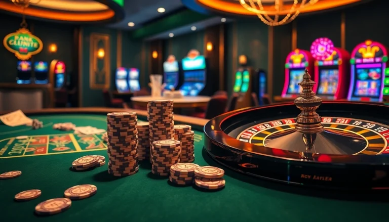 Experience the thrill of 88idd gaming with an elegant casino scene featuring vibrant roulette wheels and lush poker tables.