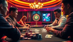 Gamblers competing at a poker table featuring 79king chips, vibrant cards, and an elegant atmosphere.