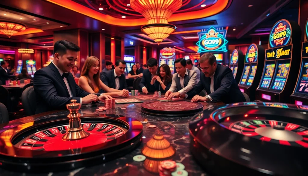 Players enjoying the thrill of Go99 at an upscale casino table, surrounded by colorful lights.
