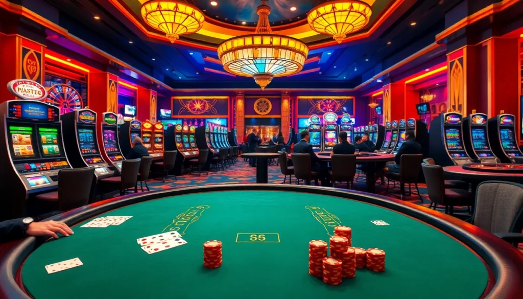 Experience thrilling gameplay at ww88 casino with vibrant slot machines and a bustling poker table.