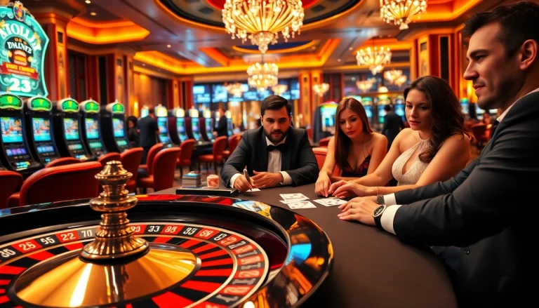 Experience the thrilling atmosphere of MB66 casino with players near roulette and blackjack tables.