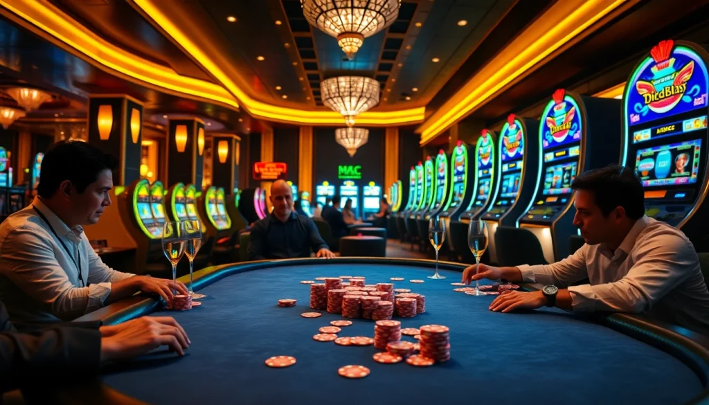 Play exciting casino games at mb66 with vibrant poker chips and illuminated slot machines.