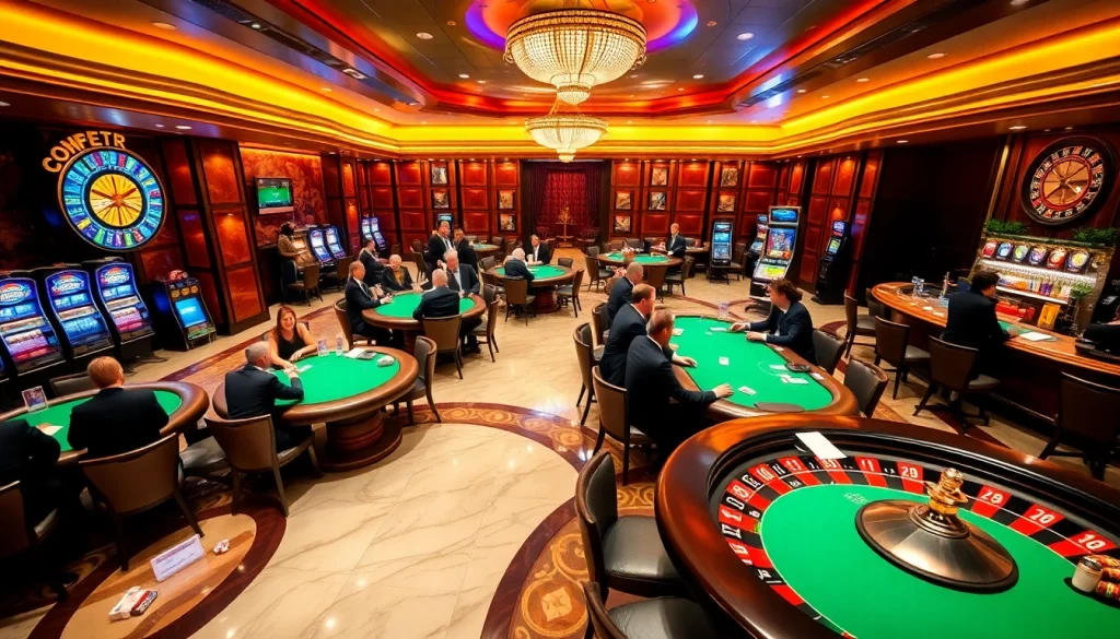 Experience thrilling gambling action at nk88 with vibrant casino scenes featuring poker tables and slot machines.