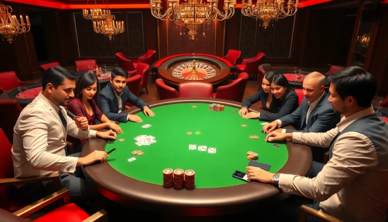 Players enjoy the high-stakes excitement of da88 poker at an elegant casino table.