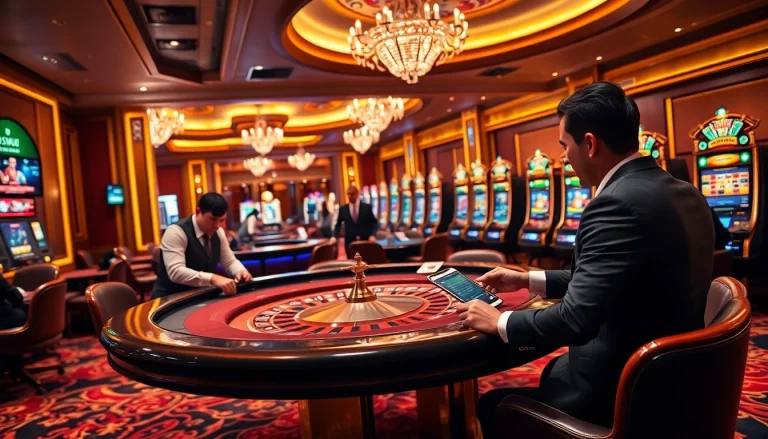 Exciting online gambling scene at 11UU with poker tables, roulette wheels, and vibrant slot machines.