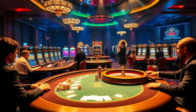 Experience high-stakes gaming excitement with EEJL at a luxurious casino scene featuring poker and roulette.