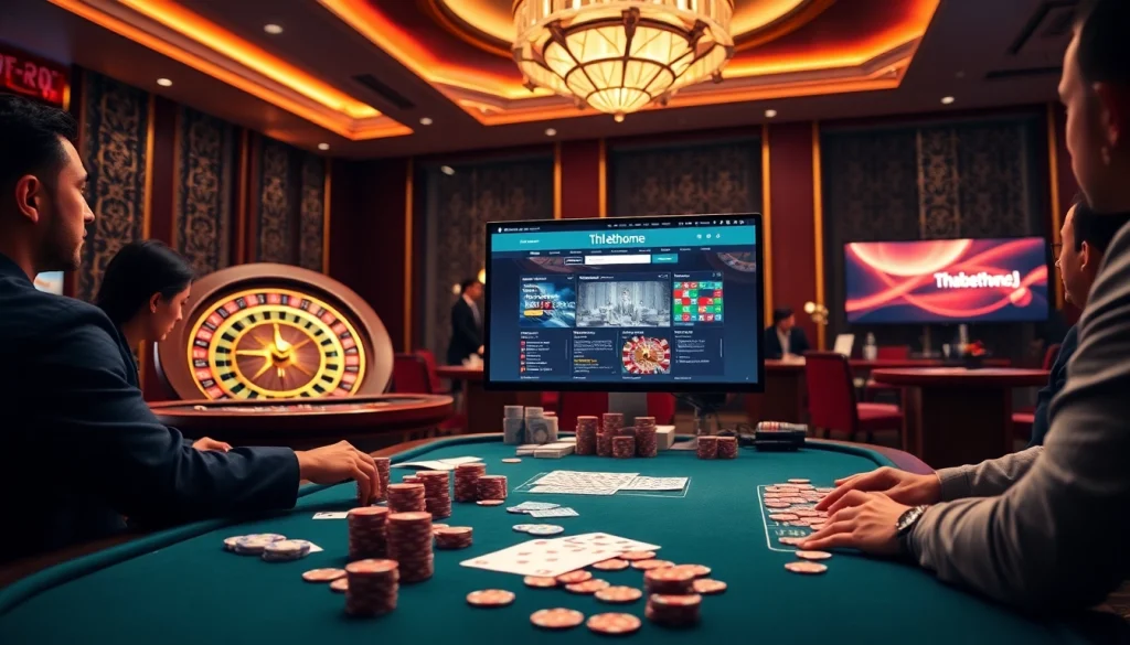 Players enjoying gambling experiences on https://thabethome.com/ with cards and chips at a casino table.