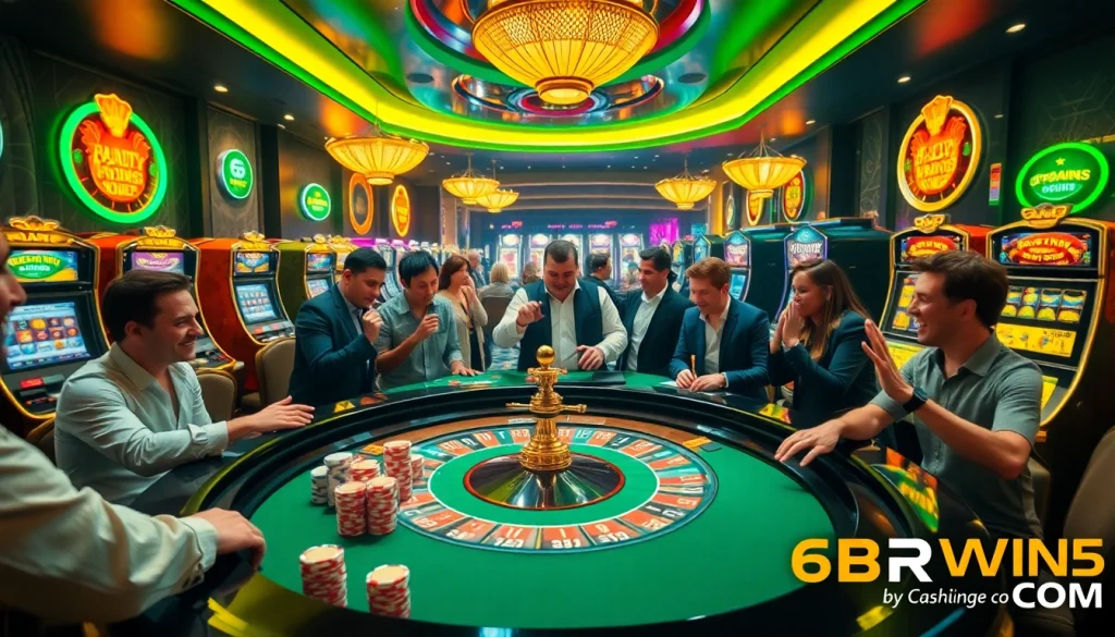 Experience the excitement of 6RWIN5 COM at a vibrant casino table surrounded by thrilled players.