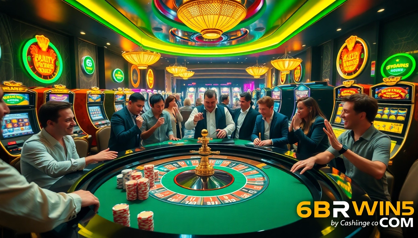 Experience the excitement of 6RWIN5 COM at a vibrant casino table surrounded by thrilled players.
