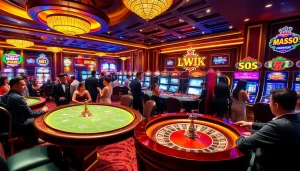 A vibrant casino scene featuring players enjoying game bài đổi thưởng with poker chips, roulette wheel, and slot machines.