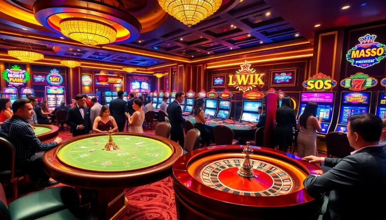 A vibrant casino scene featuring players enjoying game bài đổi thưởng with poker chips, roulette wheel, and slot machines.