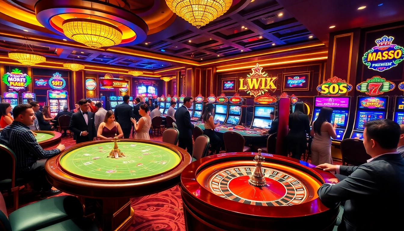 A vibrant casino scene featuring players enjoying game bài đổi thưởng with poker chips, roulette wheel, and slot machines.