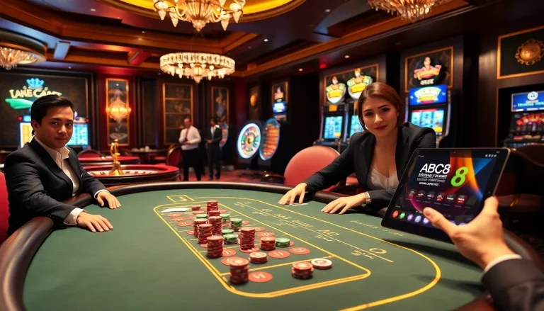 Experience thrilling gameplay at ABC8 with lively baccarat tables and vibrant casino elements.